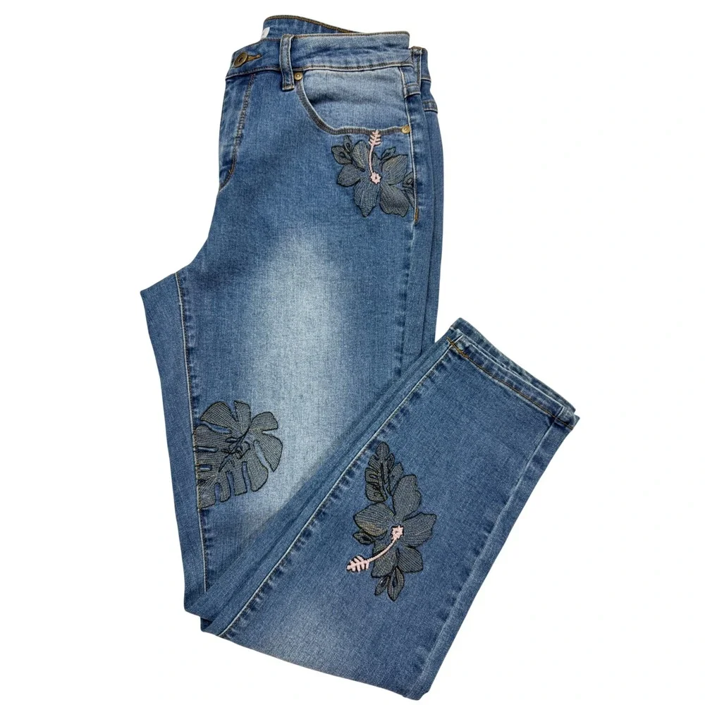 Tribal Jeans Ankle Jegging Womens 8 Blue New Embroidered Tropical Floral Leaf